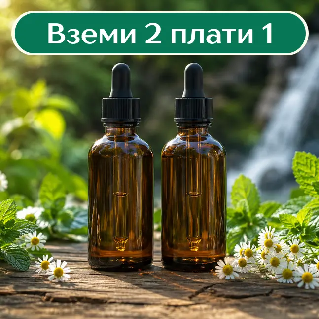 ГОРЕЩА ОФЕРТА: 2 на цената на 1 за избрани тинктури Две стъклени шишенца с билкови тинктури върху дървена маса с билки от Родопите, промоция 2 на цената на 1.